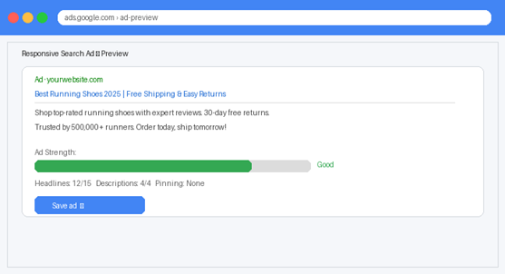 Figure 4 — Responsive Search Ad preview with Ad Strength indicator