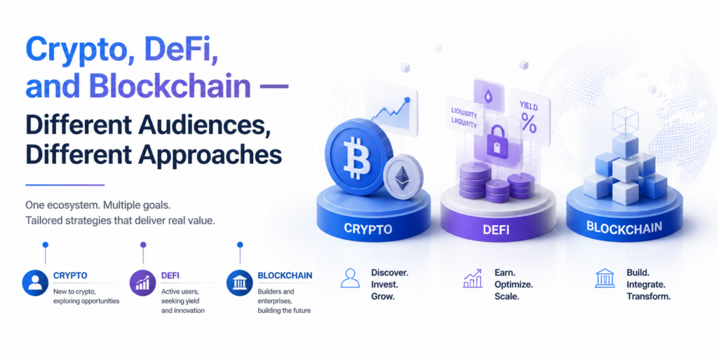 Crypto, DeFi, and Blockchain — Different Audiences, Different Approaches Crypto, DeFi, and Blockchain — Different Audiences, Different Approaches